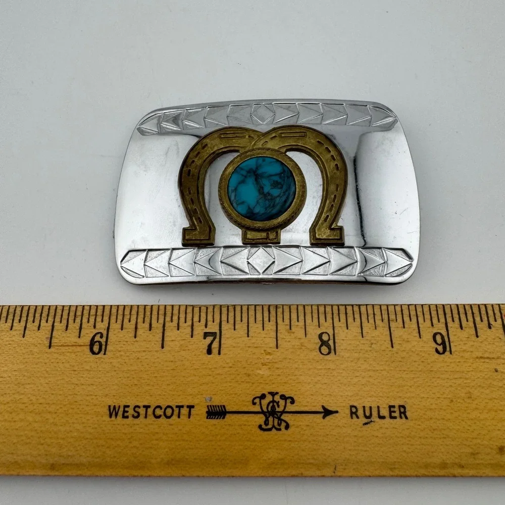 Belt Buckle Silver Tone Western Horseshoe Faux Turquoise Etched